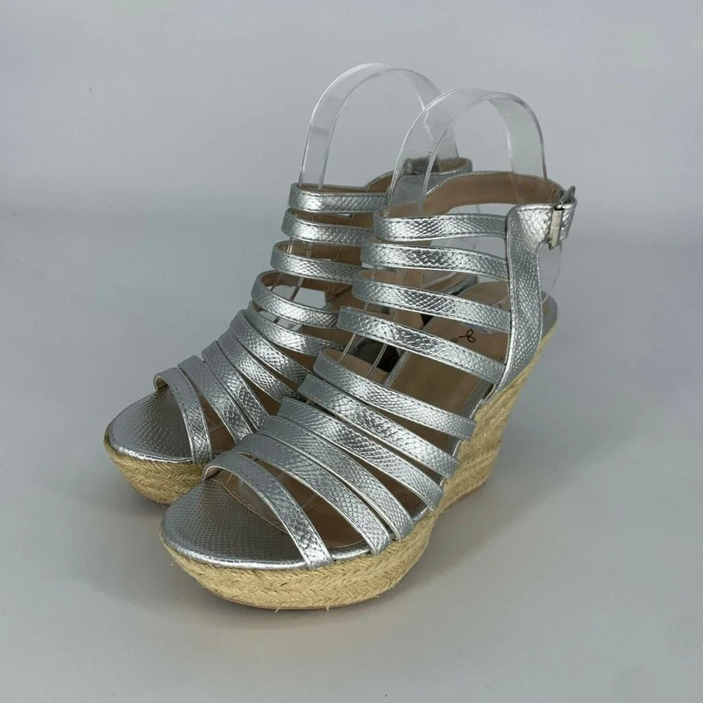 QUPID Cage Open Toe Wedges Sandals Slingback Heels Silver Size 7.5 Rattan Wicker